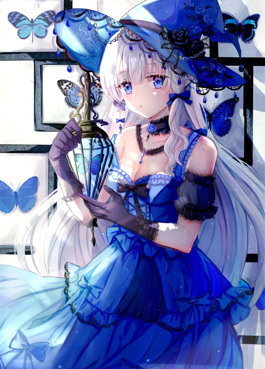 1girl absurdres blue_eyes blush breasts bug butterfly choker cleavage collarbone commentary dress gothic_lolita grey_hair highres iceblue jewelry lamp lolita_fashion long_hair looking_at_viewer medium_breasts necklace original parted_lips sleeveless sleeveless_dress solo white_hair witch