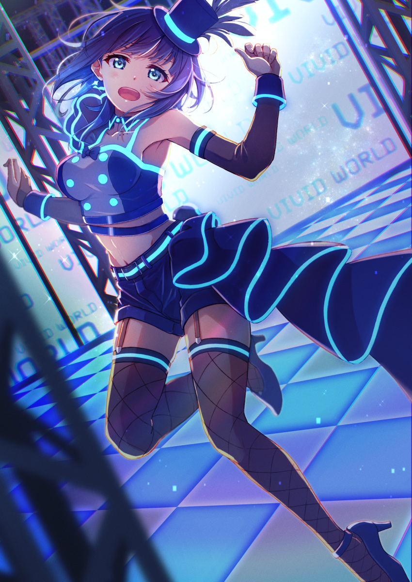 1girl asaka_karin black_legwear blue_bow blue_eyes blue_hair blue_headwear blue_shorts bow collarbone earrings fishnet_legwear fishnets garter_straps hat hat_feather highres jewelry looking_at_viewer love_live! love_live!_nijigasaki_high_school_idol_club macken medium_hair midriff mini_hat navel open_mouth shorts smile solo tilted_headwear top_hat vivid_world_(love_live!)