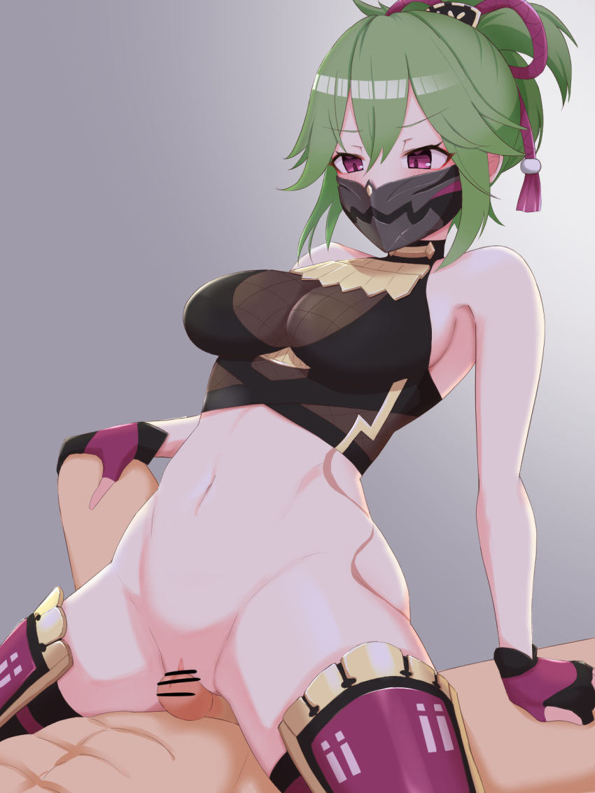 1boy 1girl abs bar_censor bare_shoulders body_markings bottomless breasts censored cleavage erection fingerless_gloves fishnet_top fishnets genshin_impact girl_on_top gloves green_hair grinding highres kuki_shinobu large_breasts lying mask mouth_mask naboo_(naboo03) navel ninja_mask on_back penis purple_eyes purple_gloves purple_legwear pussy spread_legs thigh_sex thighhighs