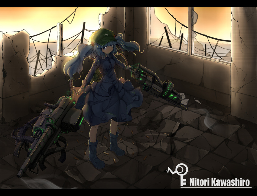 1girl bangs blue_footwear blue_shirt blue_skirt boots character_name flanvia flat_cap full_body green_headwear hair_bobbles hair_ornament hat holding holding_weapon kawashiro_nitori key long_sleeves looking_at_viewer medium_hair outdoors rubber_boots shirt skirt solo standing touhou two_side_up weapon