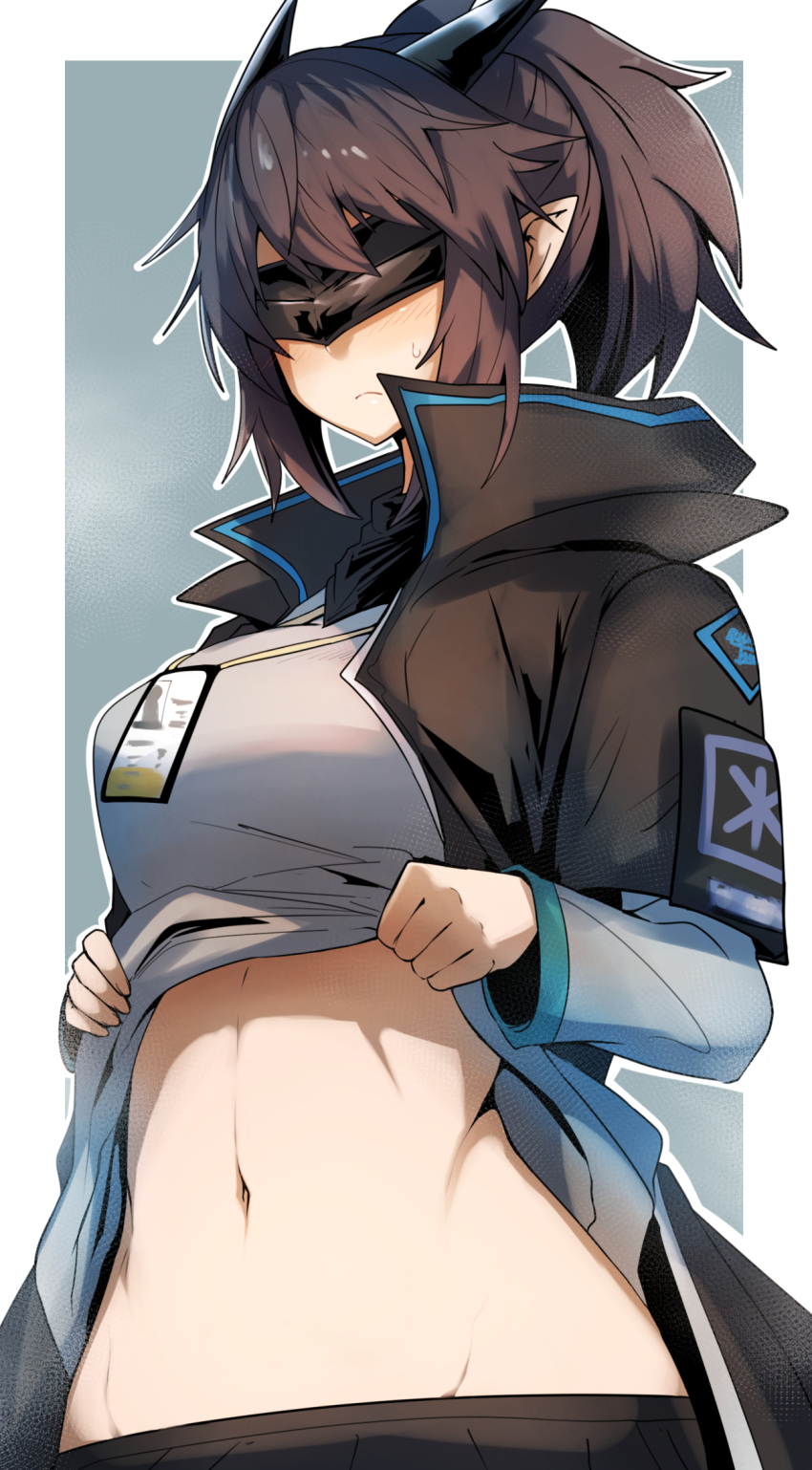 1girl arknights black_blindfold black_jacket blindfold blush breasts brown_hair closed_mouth clothes_lift covered_eyes cowboy_shot embarrassed frown gin_moku grey_background grey_shirt groin highres horns id_card jacket lanyard large_breasts lifted_by_self long_sleeves medium_hair navel oni_horns outline ponytail shirt shirt_lift simple_background solo standing steaming_body stomach sweatdrop toned yato_(arknights)