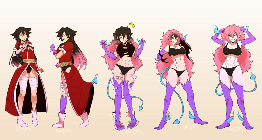 abs alter_ego_(oc) clothing dalipuff demon eva_shinto female furry_arms furry_legs hi_res human humanoid hybrid mammal multiple_poses personality_change pose solo spade_tail transformation transformation_sequence wardrobe_malfunction