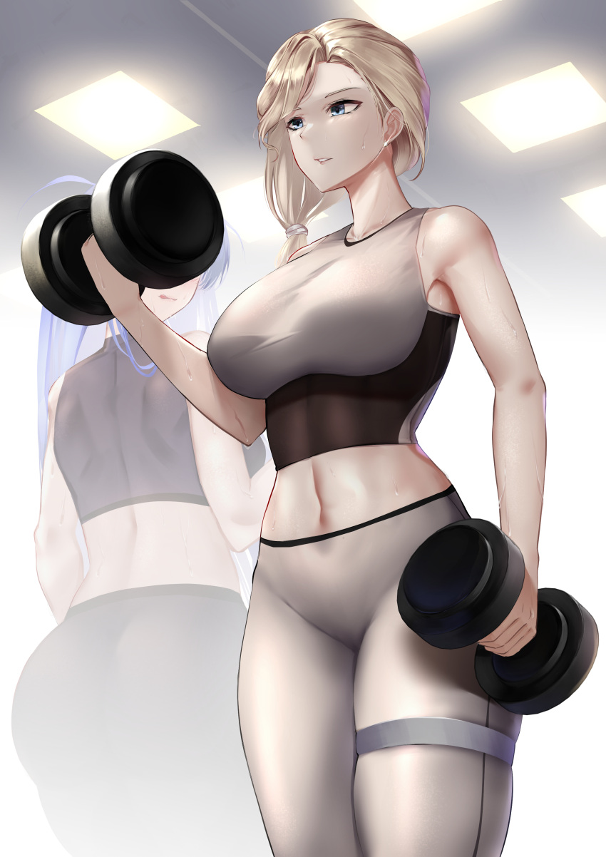 2girls absurdres alternate_costume ass asymmetrical_hair azur_lane black_legwear blonde_hair blue_eyes breasts ceiling ceiling_light dumbbell earrings english_commentary essex_(azur_lane) exercise fluorescent_lamp from_below grey_legwear grey_shirt gym highres hood_(azur_lane) impossible_clothes impossible_shirt indoors irkawaza jewelry large_breasts looking_away mature_female midriff multiple_girls pants purple_hair shirt side_ponytail skin_tight sleeveless sleeveless_shirt sports_bra standing sweatdrop thigh_strap tight tight_pants toned twintails yoga_pants