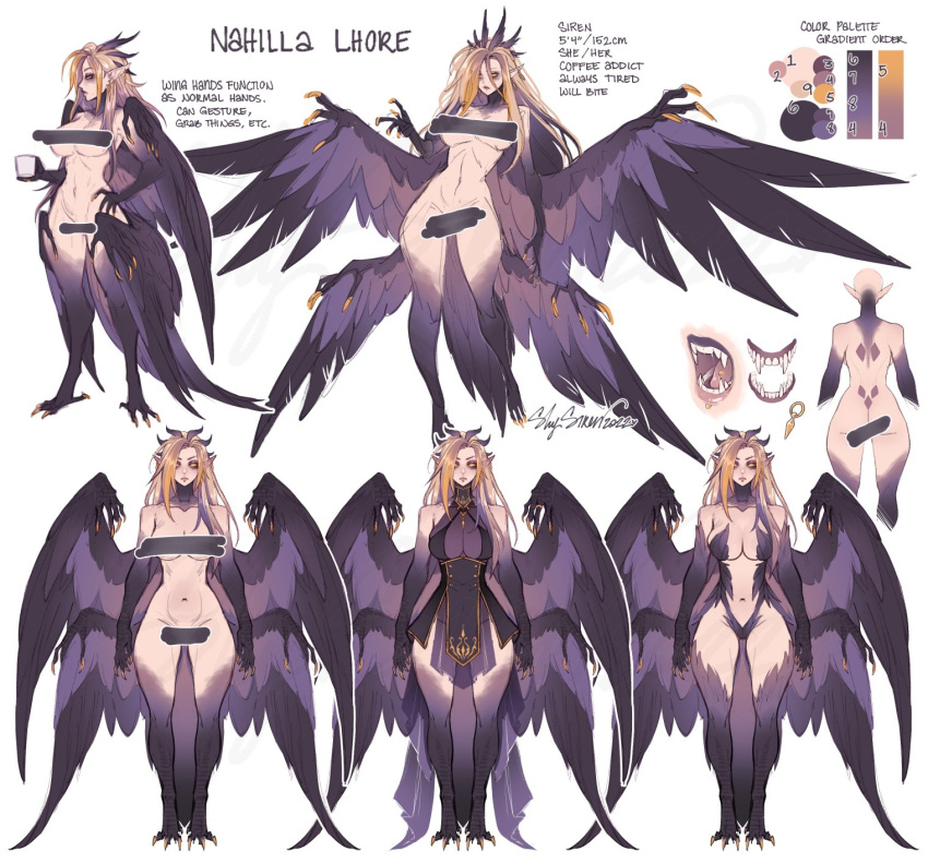 1girl artist_name bird_legs black_feathers black_wings breasts censored character_name character_sheet claws cup english_text extra_arms fangs feather_hair feathers harpy highres holding holding_cup large_breasts lip_piercing monster_girl nahilla_lhore_(shysiren) navel original piercing pointy_ears shysiren tail_feathers talons tongue_piercing wide_hips winged_arms wings yellow_eyes