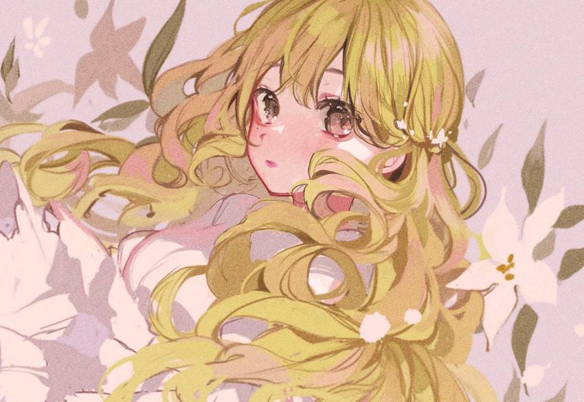 1girl blonde_hair breasts brown_eyes dress expressionless flower highres leaf long_hair looking_at_viewer medium_breasts original sakai_eri_(illustratoreri) solo symbol-only_commentary wavy_hair white_dress white_flower