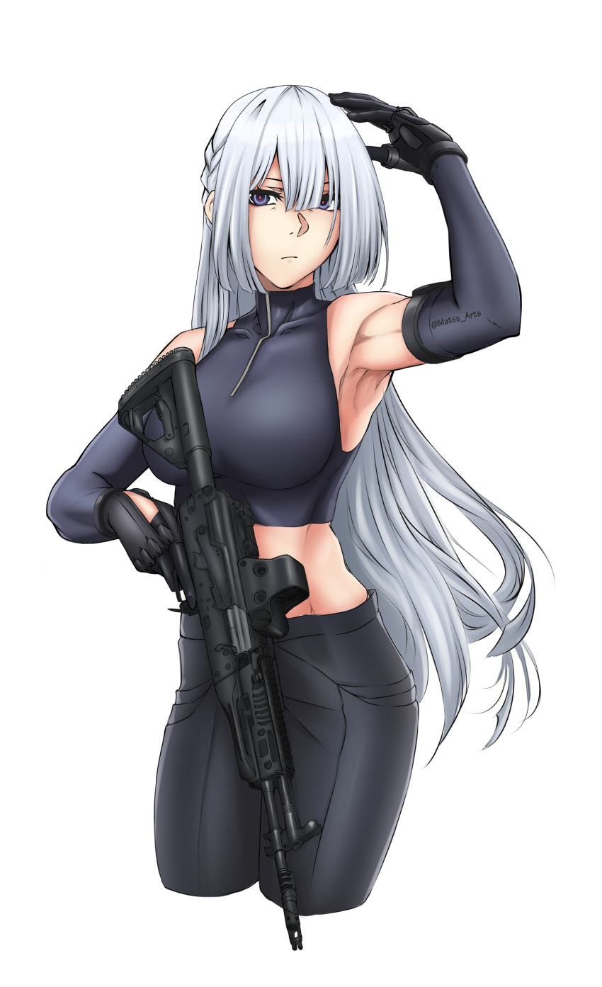 1girl absurdres ak-15 ak-15_(girls'_frontline) armpits assault_rifle bangs black_gloves black_pants braid breasts closed_mouth crop_top cropped_legs defy_(girls'_frontline) elbow_gloves girls'_frontline gloves gun hand_on_own_head hand_up highres holding holding_gun holding_weapon kalashnikov_rifle long_hair looking_at_viewer matsu_arts medium_breasts muscular muscular_female pants purple_eyes purple_tank_top rifle salute solo standing tactical_clothes tank_top twitter_username weapon white_background white_hair