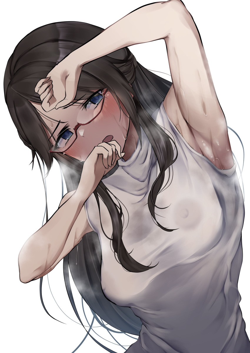 1girl :o absurdres arm_up armpits black_hair blush breasts covered_nipples half_updo highres idolmaster idolmaster_shiny_colors long_hair looking_at_viewer medium_breasts mitsumine_yuika nipples no_bra ryouten9 semi-rimless_eyewear shirt simple_background sleeveless sleeveless_shirt solo steam steaming_body sweatdrop upper_body very_long_hair white_background white_shirt