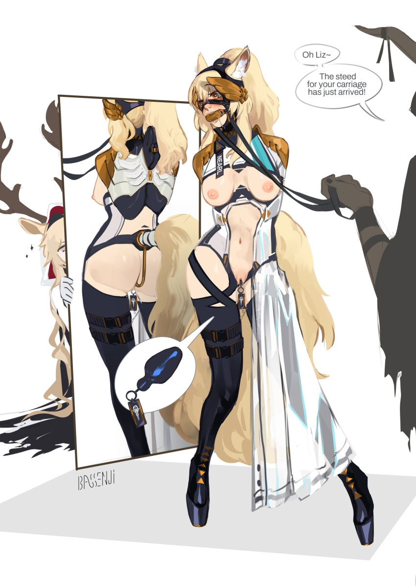 2022 amber_eyes ambiguous_gender animal_humanoid anthro areola arknights arms_tied artist_name bangs bassenji blonde_hair bodily_fluids boots bound bound_wings brown_antlers butt clothed clothing digital_media_(artwork) drooling english_text equid equid_humanoid equine equine_humanoid female footwear gag gagged genital_fluids glistening glistening_boots glistening_clothing glistening_footwear grey_eyes group hair hi_res hiding horn humanoid hypergryph inner_ear_fluff leash light_body light_skin long_hair long_horn mammal mammal_humanoid mirror navel nearl_(arknights) nipples pegasus_humanoid petplay pink_areola pink_nipples plug_(sex_toy) plug_insertion ponyplay pussy_juice roleplay saliva sex_toy shaded simple_background solo_focus sparkles studio_montagne submissive submissive_female submissive_humanoid tan_body tan_ears tan_hair tan_skin text trio tuft vaginal_plug video_games vivienne_(arknights) white_background white_inner_ear_fluff wings_tied yellow_tail