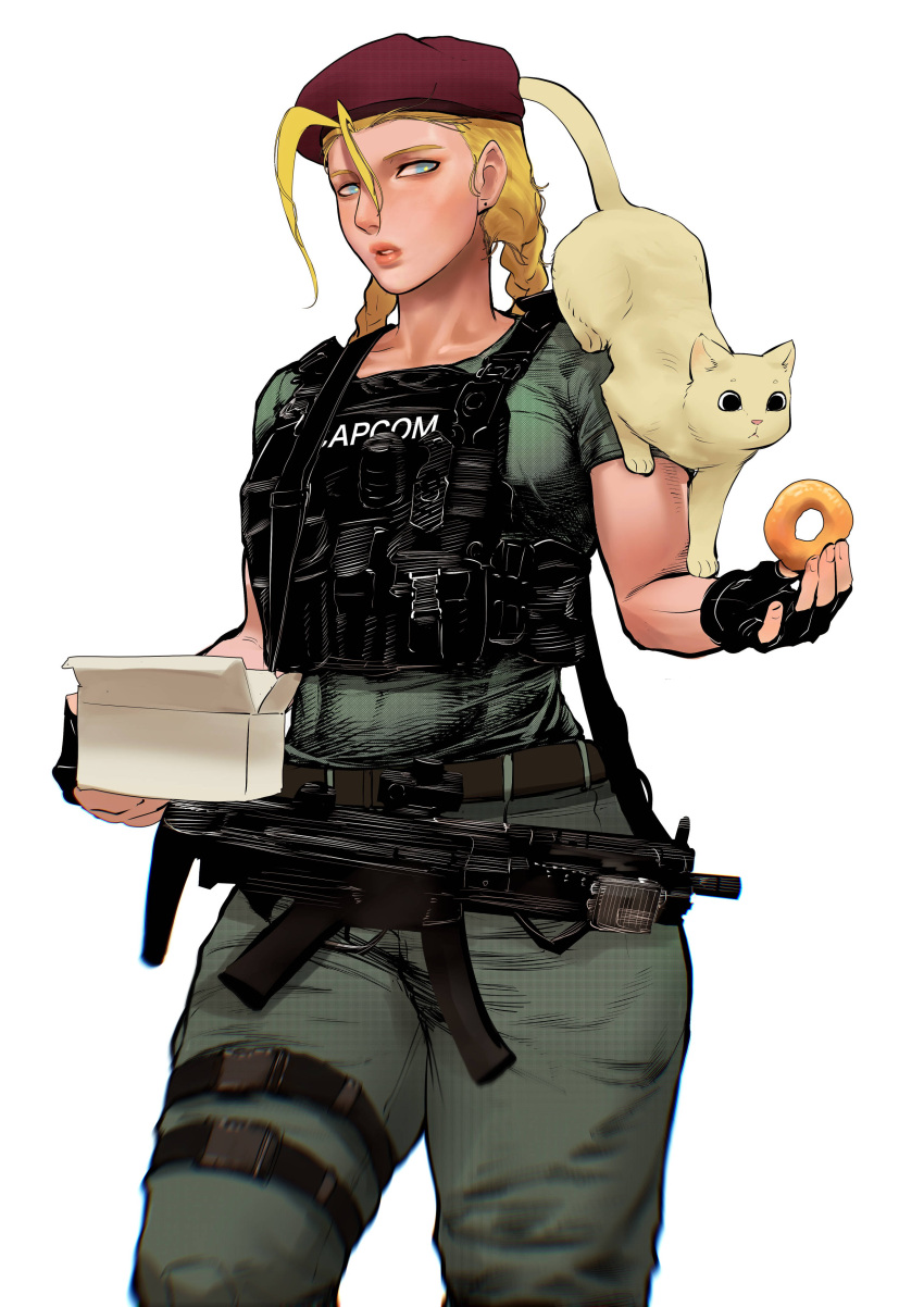 1girl absurdres animal animal_on_shoulder ayaki_d beret blonde_hair blue_eyes braid bulletproof_vest cammy_white cat cat_on_shoulder doughnut fingerless_gloves food gloves gun h&amp;k_mp5 hat highres long_hair police street_fighter street_fighter_v submachine_gun toned twin_braids weapon white_background