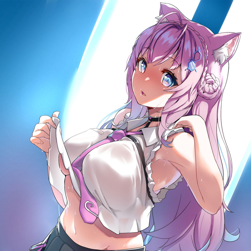 1girl animal_ear_fluff antenna_hair armpits blush braid breasts choker clothes_lift coyote_ears coyote_girl crown_braid fang hair_bun hakui_koyori hexagon_hair_ornament highres hololive large_breasts lifted_by_self long_hair looking_at_viewer muneshiro_(hitsuji_kikaku) navel necktie pink_hair pink_necktie pleated_skirt purple_eyes shirt shirt_lift single_hair_bun skirt sleeveless sleeveless_shirt solo underboob wet wet_clothes wet_shirt white_shirt