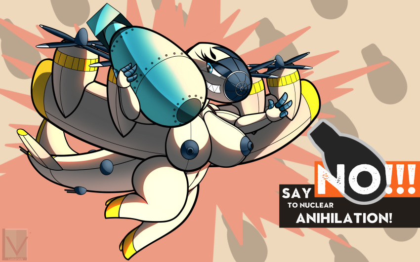 2021 absurd_res aircraft airplane anthro b-29 big_breasts big_butt blue_eyes bomb bomber breasts butt digital_media_(artwork) english_text explosion explosives eyelashes female gesture glare grin gun hi_res high_heels huge_breasts huge_butt living_aircraft living_machine living_vehicle lizzyglizzy machine makeup mascara military nuke ranged_weapon shadow sharp_teeth simple_background smile solo superfortress teeth text thick_thighs toony v_sign vehicle watermark weapon