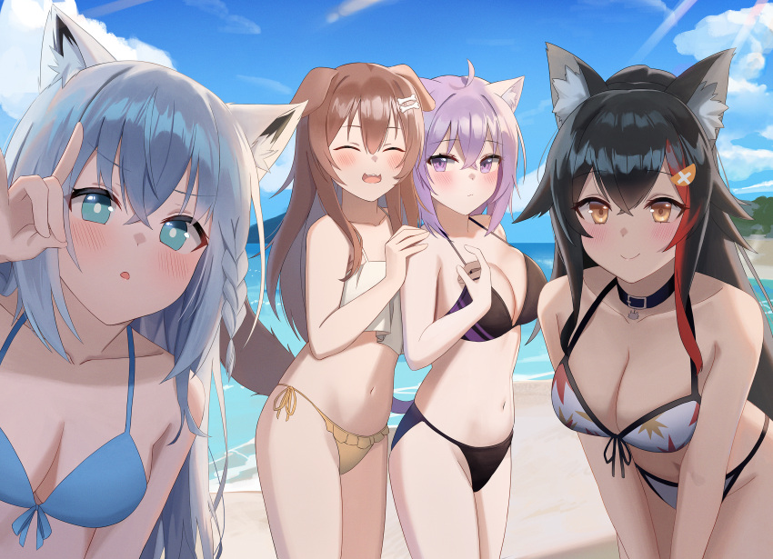 4girls :3 :o ^_^ ^o^ ahoge animal_ear_fluff animal_ears bangs beach behind_another bikini black_bikini black_choker black_hair blue_bikini blue_eyes blue_sky blush breasts brown_hair cat_ears cat_girl cat_tail choker cleavage closed_eyes closed_mouth cloud collarbone day dog_ears dog_girl dog_tail dpdldpf2 floppy_ears fox_ears fox_girl fox_shadow_puppet grey_hair hair_between_eyes hands_on_another's_shoulders highres hololive hololive_gamers inugami_korone large_breasts leaf_print leaning_forward long_hair looking_at_viewer maple_leaf_print medium_breasts multicolored_hair multiple_girls navel nekomata_okayu ookami_mio open_mouth outdoors parted_lips purple_eyes purple_hair red_hair shirakami_fubuki short_hair side-tie_bikini skindentation sky smile stomach streaked_hair sunlight swimsuit tail v-shaped_eyebrows virtual_youtuber white_bikini wolf_ears wolf_girl yellow_eyes