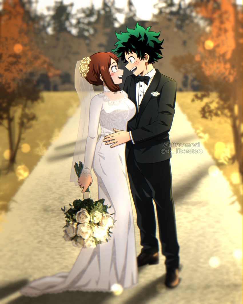 1boy 1girl absurdres blush boku_no_hero_academia bouquet bow bowtie braid breasts bridal_veil brown_eyes brown_hair choker cleavage collarbone couple dress effasempai flower formal freckles garden green_eyes green_hair hair_ornament hand_on_another's_waist hand_on_hip hetero highres hug jewelry large_breasts lens_flare looking_at_another messy_hair midoriya_izuku photography ring short_hair suit sunlight twitter_username uraraka_ochako veil wedding wedding_band wedding_dress wedding_ring white_dress