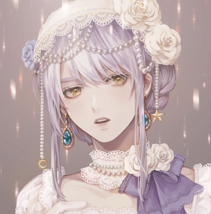 1girl bang_dream! bead_necklace beads braid crescent earrings flower grey_background hair_flower hair_ornament highres jewelry korean_commentary looking_at_viewer minato_yukina necklace open_mouth parted_lips portrait purple_flower purple_rose rose solo star_(symbol) tatam_(mmigaya) teeth upper_teeth white_flower white_hair white_rose yellow_eyes