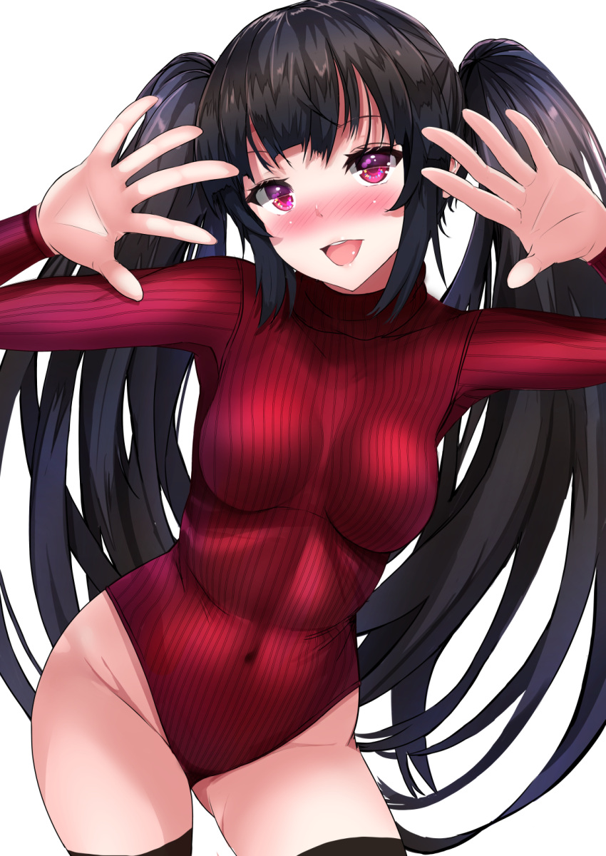1girl black_hair black_legwear blush breasts commentary_request covered_navel cowboy_shot heattech_leotard highres leaning_forward leotard long_hair looking_at_viewer medium_breasts nose_blush open_hands open_mouth original red_eyes red_leotard ribbed_leotard simple_background solo sukesan teeth thighhighs turtleneck twintails upper_teeth white_background
