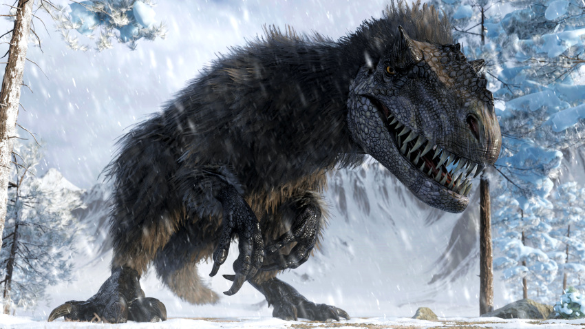 16:9 2022 3d_(artwork) 4k absurd_res ambiguous_gender ark_survival_evolved brown_body brown_feathers claws detailed_background digital_media_(artwork) dinosaur evergreen_tree feathered_dinosaur feathers feral grey_body grey_scales hi_res ivorylagiacrus looking_at_viewer mountain open_mouth outside pine_tree plant reptile scales scalie sharp_claws sharp_teeth snow snowing solo teeth theropod toe_claws tree video_games widescreen yellow_eyes yutyrannus