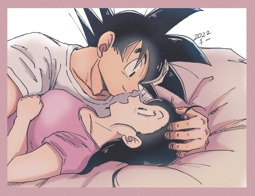 1boy 1girl bed black_eyes black_hair chi-chi_(dragon_ball) chi_(cmon_57) commentary_request couple dragon_ball hetero husband_and_wife looking_at_another married muscular open_mouth saiyan short_hair smile son_goku spiked_hair