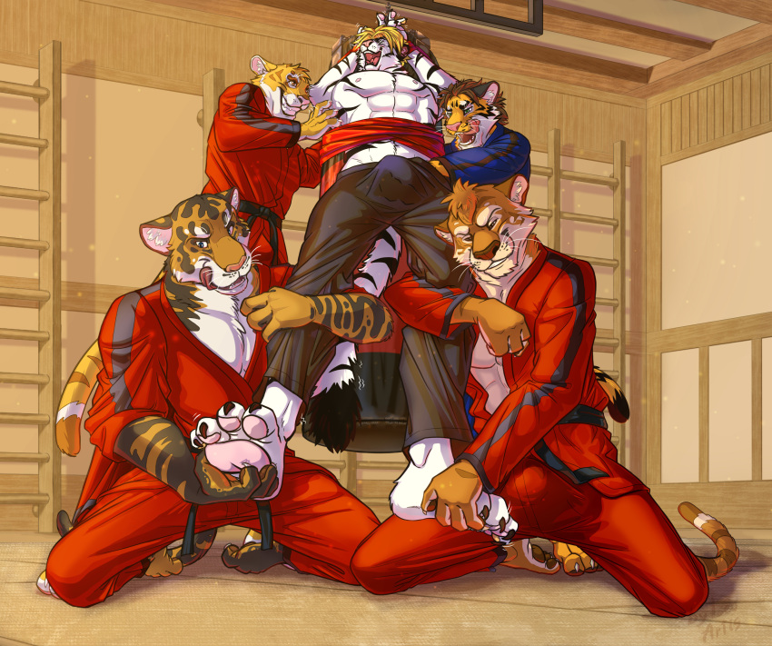 absurd_res anthro asian_clothing bandage clothing dojo east_asian_clothing erection feet felid gi_(disambiguation) group hi_res hindpaw japanese_clothing kimono leo-artis male male/male mammal martial_arts masturbation pantherine paws punching_bag ryan(foot-paws) sportswear tickle_fetish tickling tiger uniform zack(foot-paws)