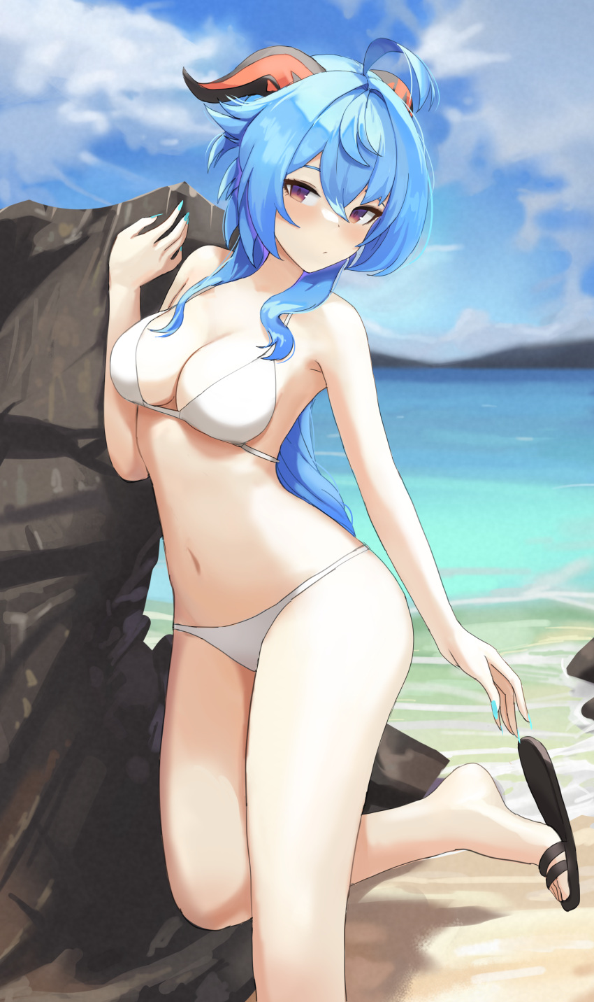 1girl absurdres ahoge arm_support bangs beach bikini blue_hair blue_nails blue_sky blush breasts closed_mouth cloud commentary_request dolri feet foot_out_of_frame foot_up ganyu_(genshin_impact) genshin_impact goat_horns hair_between_eyes hand_up highres horns legs long_hair looking_at_viewer medium_breasts navel outdoors red_eyes revision rock sandals sidelocks sky solo standing standing_on_one_leg stomach swimsuit thighs toes very_long_hair white_bikini