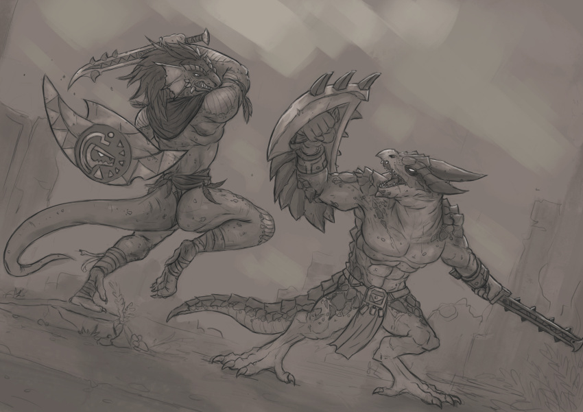 absurd_res action_pose anthro bottomwear claws clothing digital_media_(artwork) duo feathers fight foot_wraps hi_res izrez lizard lizardman_(warhammer_fantasy) loincloth male melee_weapon pose reptile saurus scales scalie shield skaereth sword teeth training tribal weapon wraps