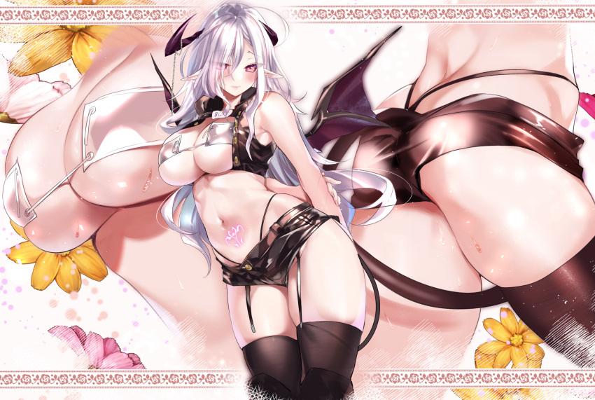 1girl arms_behind_back ass bare_shoulders black_legwear breasts covered_nipples crop_top demon_girl demon_horns demon_tail demon_wings from_behind garter_straps highres horns kumatora_tatsumi large_breasts looking_at_viewer multiple_views navel original panty_straps pointy_ears pubic_tattoo purple_eyes short_shorts shorts skindentation sleeveless solo sweat sweatdrop tail tattoo thighhighs thighs thong underboob white_hair wings