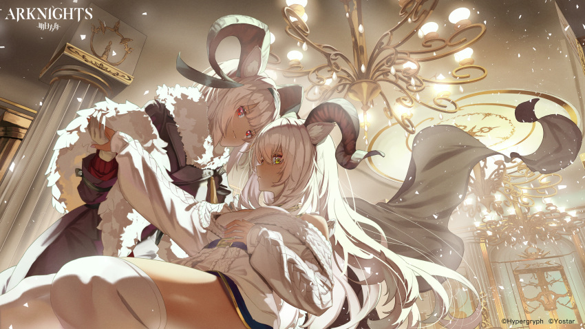2girls absurdres animal_ears arknights bad_link bare_shoulders beeswax_(arknights) beeswax_(weisser_sand)_(arknights) breasts carnelian_(arknights) carnelian_(hohenlohe_chillysand)_(arknights) chandelier commentary company_name copyright_name dark-skinned_female dark_skin english_commentary feather_boa gloves goat_ears goat_girl goat_horns hair_between_eyes highres holding_hands horns indoors jacket light_smile long_hair long_sleeves looking_at_viewer multiple_girls off_shoulder official_alternate_costume red_eyes red_jacket saraki shirt short_hair small_breasts sweater thighhighs thighs watermark white_gloves white_shirt white_sweater yellow_eyes