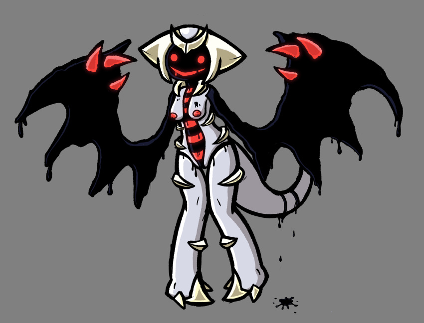 absurd_res anthro beady_eyes big_wings black_body black_wings claws dragon dripping empty_eyes female genitals giratina glowing glowing_body glowing_eyes glowing_nipples grey_body grey_tail hi_res legendary_pok&eacute;mon maskedfurry nintendo nipples origin_forme_giratina pok&eacute;mon pok&eacute;mon_(species) pussy red_body red_claws red_eyes red_nipples sharp_claws simple_background slime smile solo video_games wing_claws wings