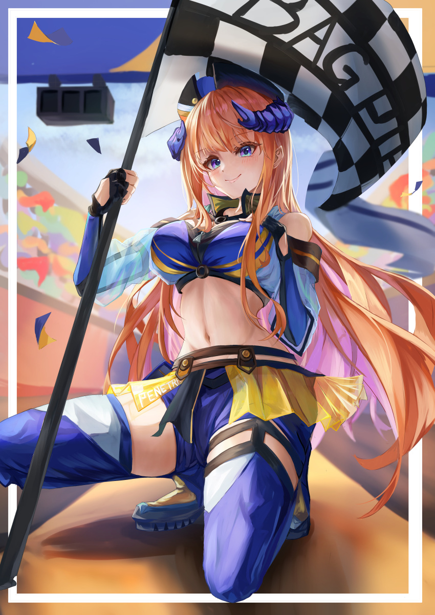 1girl absurdres arknights bagpipe_(arknights) bagpipe_(queen_no._1)_(arknights) bangs bare_shoulders black_gloves blue_eyes blue_legwear blue_shorts blush breasts commentary_request crop_top fingerless_gloves flag gloves hand_on_own_chest hat highres holding holding_flag horns kurosabi_neko large_breasts long_hair looking_at_viewer midriff navel orange_hair partial_commentary shoes short_shorts shorts smile solo stomach thighhighs thighs very_long_hair