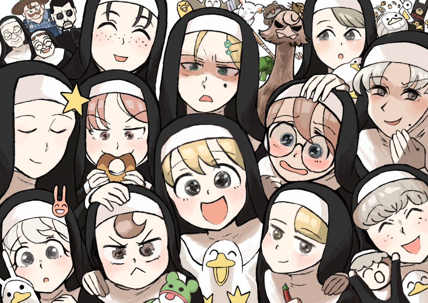 2boys 6+girls :&lt; absurdres barn_owl bird blonde_hair broccoli brown_hair bunny_hair_ornament bunny_nun_(diva) catholic chili_pepper closed_eyes clumsy_nun_(diva) diva_(hyxpk)_(style) doberman duck father_(diva) freckles_nun_(diva) frog froggy_nun_(diva) glasses_nun_(diva) grey_hair grumpy_nun_(diva) habit hair_ornament hand_puppet highres hungry_nun_(diva) lamb leaf_nun_(diva) little_nuns_(diva) mole mother_superior_(diva) multiple_boys multiple_girls music_hour nun ostrich puppet sheep sheep_nun_(diva) smile smug_nun_(diva) spicy_nun_(diva) star_nun_(diva) stuffed_animal stuffed_frog stuffed_toy upper_body