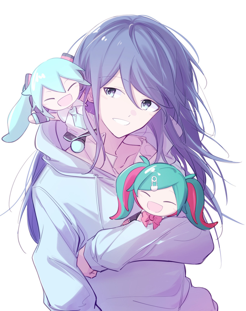 1girl ^_^ absurdres arm_at_side bangs black_hair blue_eyes blue_hair blue_hoodie blue_necktie character_doll closed_eyes collarbone dot_nose drawstring green_hair hatsune_miku head_tilt headset hibioes highres hood hood_down hoodie hoshino_ichika_(project_sekai) leo/need_(project_sekai) light_blush long_hair multicolored_hair neck_ribbon necktie object_hug paperclip_hair_ornament pink_hair pink_ribbon project_sekai ribbon sideways_glance simple_background smile solo streaked_hair swept_bangs tsurime twintails upper_body vocaloid white_background