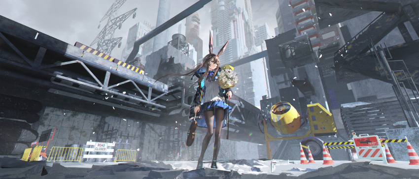 1girl absurdres amiya_(arknights) animal_ear_fluff animal_ears anklet arknights ascot black_coat black_legwear blue_ascot blue_eyes blue_skirt bouquet brown_hair building cement_mixer city closed_mouth coat construction_site day english_text expressionless floating_hair flower highres holding holding_bouquet holding_instrument huishazi instrument jewelry light_particles long_hair long_sleeves looking_at_viewer miniskirt open_clothes open_coat outdoors pantyhose plaid plaid_skirt pleated_skirt ponytail rabbit_ears rose shirt sidelocks sign skirt solo stairs traffic_cone very_long_hair violin white_flower white_rose white_shirt