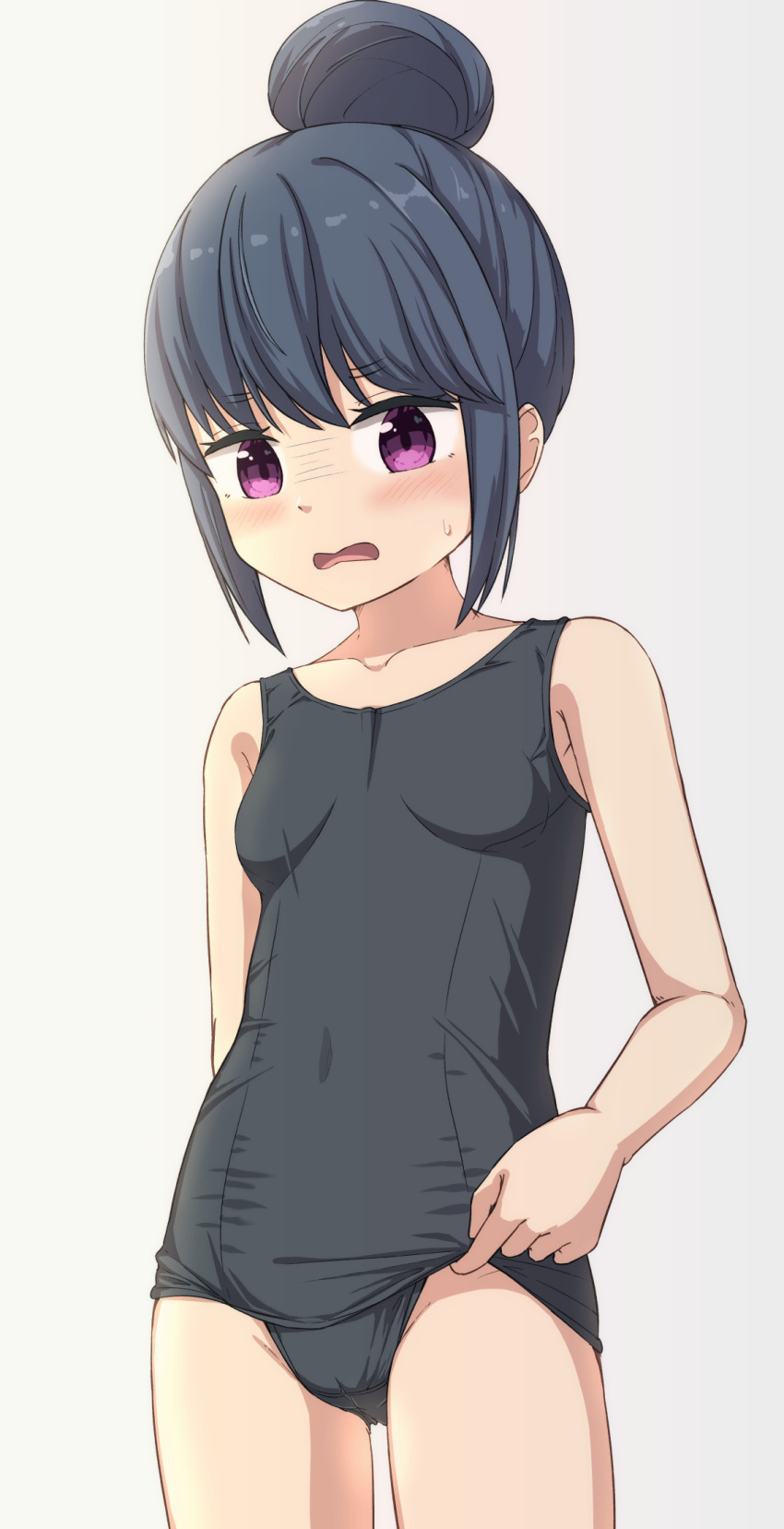1girl bangs bare_arms bare_shoulders black_hair black_swimsuit blush breasts collarbone commentary_request covered_navel grey_background groin hair_bun highres hippo_(hirople) old_school_swimsuit one-piece_swimsuit open_mouth purple_eyes school_swimsuit shima_rin sidelocks simple_background small_breasts solo standing sweat swimsuit turn_pale wavy_mouth yurucamp
