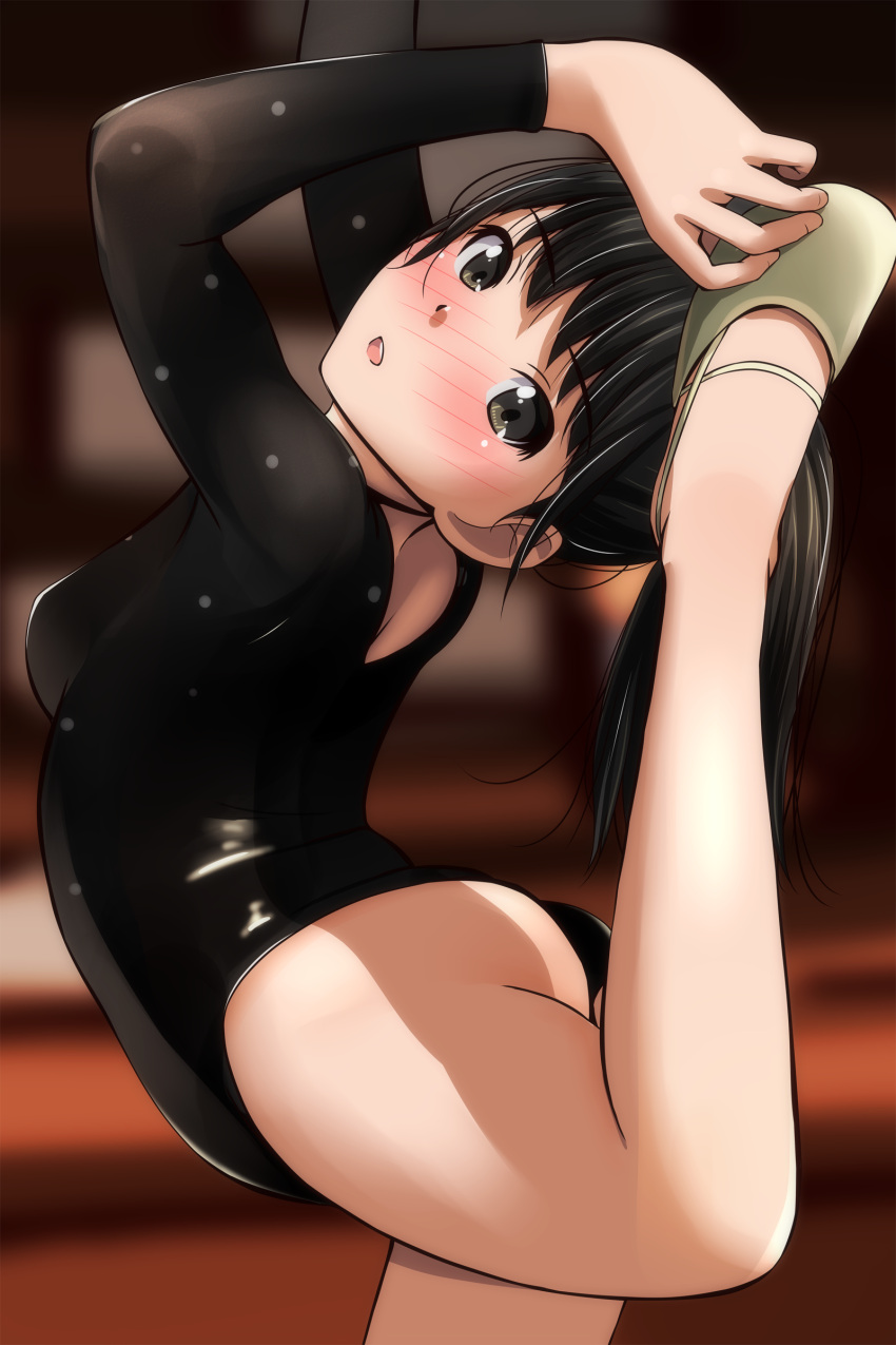 1girl absurdres ass bangs bent_over black_hair black_leotard blurry blurry_background blush brown_eyes commentary_request depth_of_field full-face_blush highres holding_legs ice_skates ice_skating indoors leg_up leotard long_hair long_sleeves looking_at_viewer matsunaga_kouyou open_mouth original polka_dot ponytail skates skating smile solo standing standing_on_one_leg