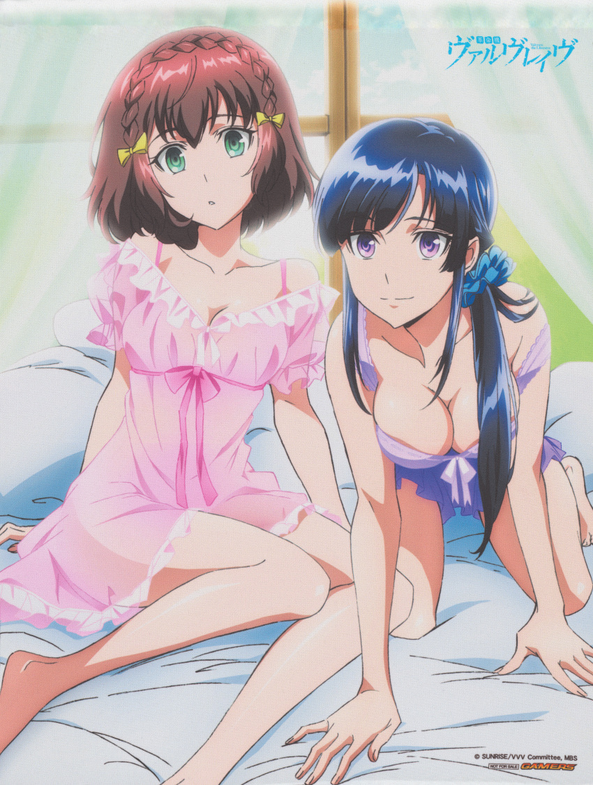 2girls absurdres aqua_eyes artist_request bare_arms bare_legs barefoot bed_sheet bedroom blue_hair breasts cleavage closed_mouth curtains day fingernails hair_ornament hair_scrunchie highres kakumeiki_valvrave kneeling light_smile long_hair looking_at_viewer medium_hair multiple_girls non-web_source off_shoulder official_art pillow pink_ribbon purple_eyes red_hair ribbon rukino_saki sashinami_shouko scrunchie window