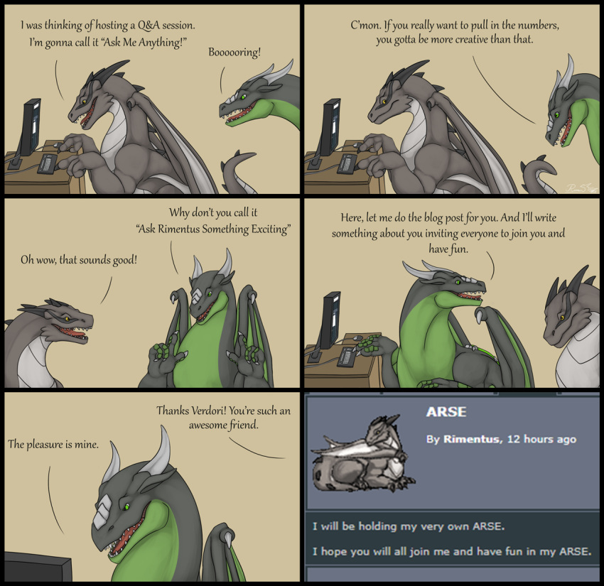 2019 2_horns 4_fingers ambiguous_gender belly_scales black_body black_horn black_scales black_spikes comic computer computer_keyboard computer_mouse computer_screen desk dialogue dragon duo english_text eye_markings feral fingers furaffinity furniture green_body green_eyes green_scales green_wings grey_body grey_scales hi_res horn humor male markings membrane_(anatomy) membranous_wings mischievous_smile neck_spikes post rimentus rimentus_(character) scales scalie table text tricked verdori_(linkclx) western_dragon wings yellow_eyes