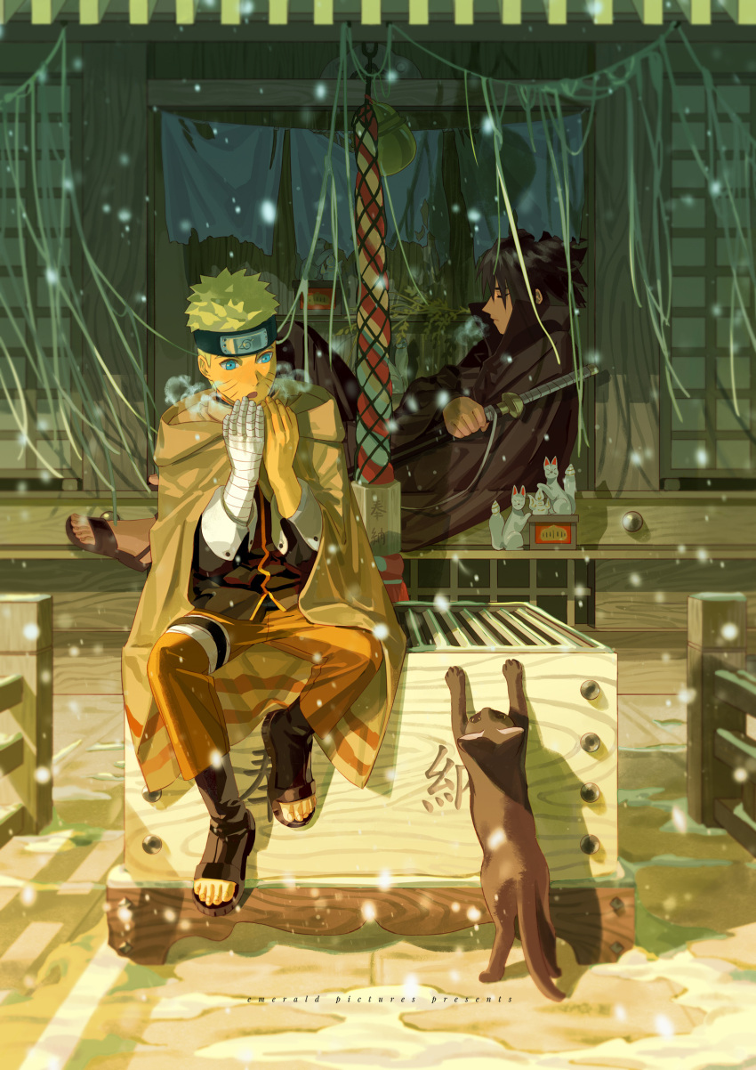 2boys absurdres alternate_hairstyle bandaged_hand bandages black_hair blonde_hair cape cat hands_up highres holy_pumpkin male_focus multiple_boys naruto_(series) official_alternate_costume sandals sheath sheathed sitting snow snowing uchiha_sasuke uzumaki_naruto