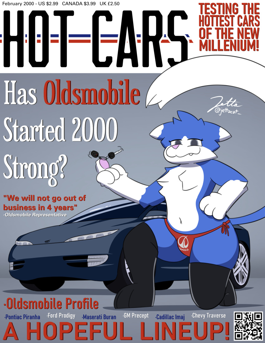 2000s absurd_res ambiguous_gender anthro belly blue_body blue_fur cadillac car chevrolet clothing cover domestic_cat felid feline felis fluffy ford fur general_motors girly grey_eyes hi_res jetta_(jettacat) jettacat leggings legwear looking_at_viewer looking_down low-angle_view magazine magazine_cover mammal maserati navel oldsmobile oldsmobile_profile pontiac qr_code satire smile smirk solo teeth thong underwear vehicle wide_hips