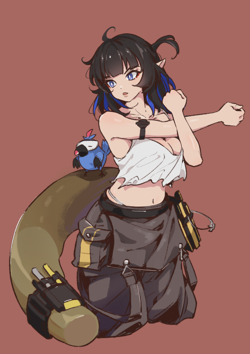 1girl absurdres arknights arm_strap bangs bare_arms bare_shoulders bird black_hair blue_eyes blue_hair blunt_bangs breasts brown_background camisole cleavage crop_top crop_top_overhang cropped_legs eunectes_(arknights) eunectes_(forgemaster)_(arknights) grey_pants head_tilt high_priest_(arknights) highres large_breasts medium_hair midriff multicolored_hair navel official_alternate_costume pants parted_lips pointy_ears simple_background snake_tail solo standing stomach stretch tail yibingxigua_(894_yuko)