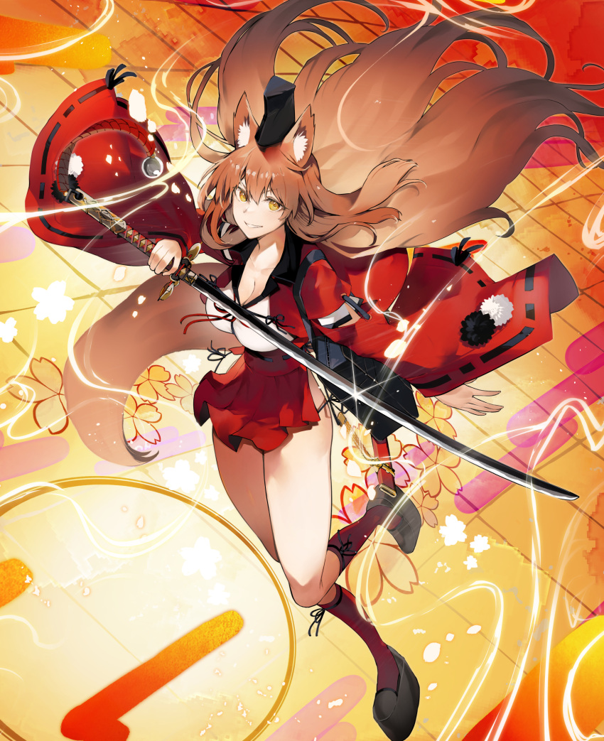 1girl animal_ears bag breasts brown_hair checkered_background cleavage egasumi fate/extra fate/extra_ccc fate/extra_ccc_fox_tail fate/grand_order fate_(series) fox_ears fox_tail grin hat highres holding holding_sword holding_weapon katana large_breasts long_hair nishiide_kengorou official_art red_skirt school_bag sheath skirt smile suzuka_gozen_(fate) sword tail tate_eboshi weapon wide_sleeves yellow_eyes