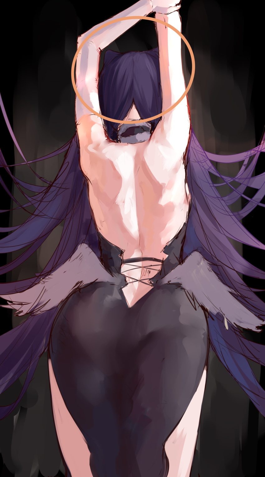 1girl absurdres arms_up ass back backless_outfit black_hair cowboy_shot elbow_gloves facing_away from_behind gloves halo highres hololive hololive_english long_hair low_wings naokomama ninomae_ina'nis single_elbow_glove sketch solo stretch virtual_youtuber white_gloves wings