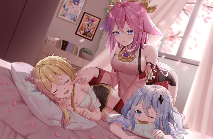 3girls alternate_costume animal_ears arm_support backlighting bangs bed bed_sheet bent_over blonde_hair breasts cameo casual cheek_poking cherry_blossoms cleavage collarbone commentary_request curtains detached_sleeves drooling fox_ears fox_girl framed_image genshin_impact grey_hair hair_between_eyes hair_ornament highres japanese_clothes keqing_(genshin_impact) keqing_(opulent_splendor)_(genshin_impact) long_hair long_sleeves looking_at_another lumine_(genshin_impact) lying multiple_girls nontraditional_miko on_back on_side paimon_(genshin_impact) pajamas pencil_skirt petals photo_(object) pillow pink_hair poking purple_eyes raiden_shogun ribbon-trimmed_sleeves ribbon_trim short_hair short_sleeves side_slit sidelocks skirt skym_(kumei) sleeping sunlight waking_up white_hair wide_sleeves window yae_miko