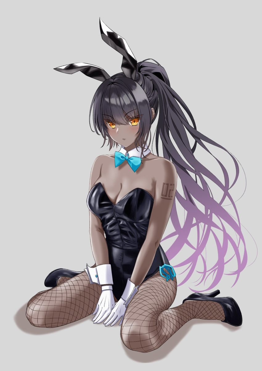 1girl absurdres animal_ears aqua_bow aqua_bowtie bare_arms bare_shoulders black_footwear black_hair black_leotard blue_archive bow bowtie breasts chinese_commentary cleavage closed_mouth collarbone constricted_pupils dark-skinned_female dark_skin detached_collar dot_nose fake_animal_ears fishnet_legwear fishnets full_body gloves high_heels high_ponytail highleg highleg_leotard highres karin_(blue_archive) karin_(bunny)_(blue_archive) large_breasts leotard long_hair looking_at_viewer number_tattoo official_alternate_costume pl03709193 playboy_bunny purple_hair shadow side-tie_leotard simple_background sitting solo strapless strapless_leotard tattoo thighs v-shaped_eyebrows wariza white_gloves wrist_cuffs yellow_eyes