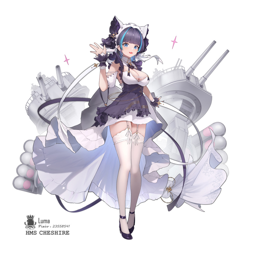 1girl absurdres aqua_eyes aqua_hair azur_lane black_footwear black_hair breasts cheshire_(azur_lane) cleavage earrings full_body garter_straps highres jewelry large_breasts looking_at_viewer luma_li medium_hair multicolored_hair solo streaked_hair thighhighs white_legwear