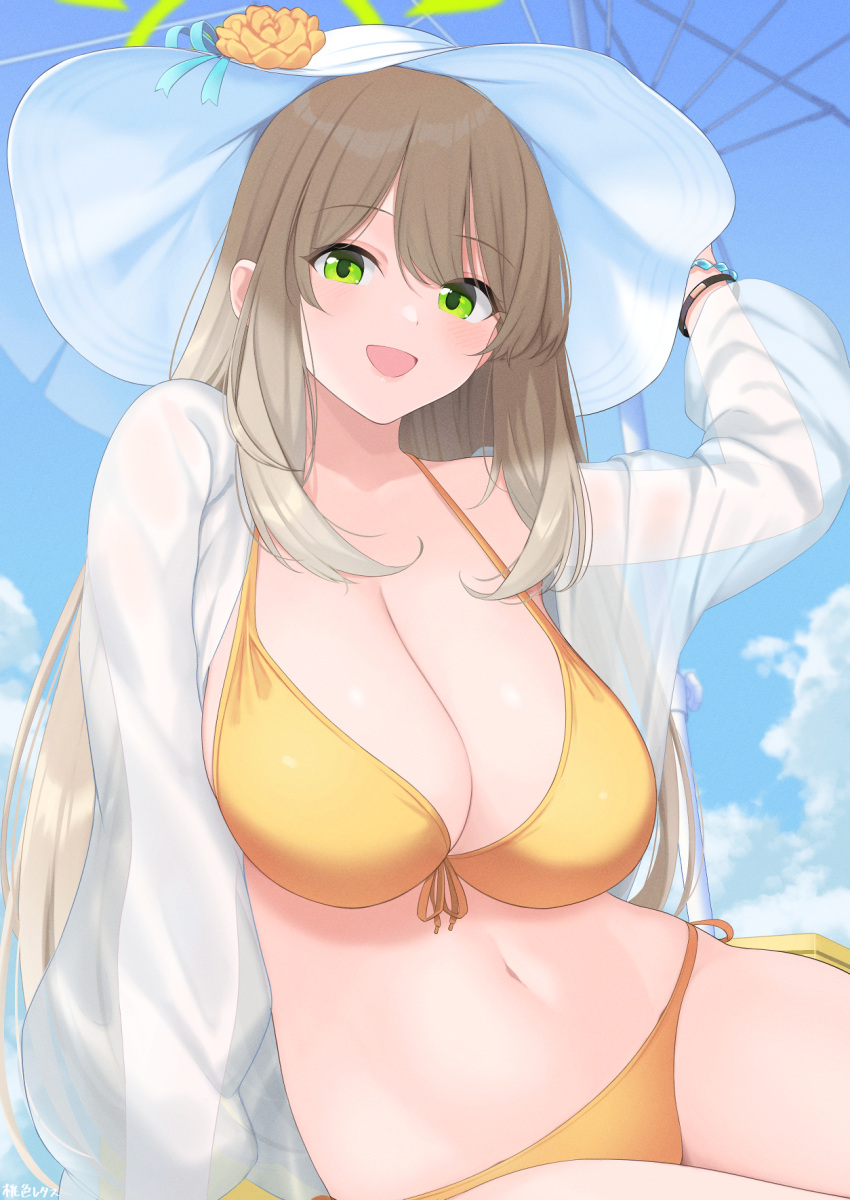 1girl arm_support bikini blue_archive blush bracelet breasts cleavage flower front-tie_bikini front-tie_top green_eyes groin halo hand_on_headwear hat hat_flower highres huge_breasts jacket jewelry light_brown_hair long_hair looking_at_viewer momoiro_lettuce navel nonomi_(blue_archive) nonomi_(swimsuit)_(blue_archive) official_alternate_costume open_mouth see-through see-through_jacket side-tie_bikini solo string_bikini summer sun_hat swimsuit very_long_hair white_hair yellow_bikini