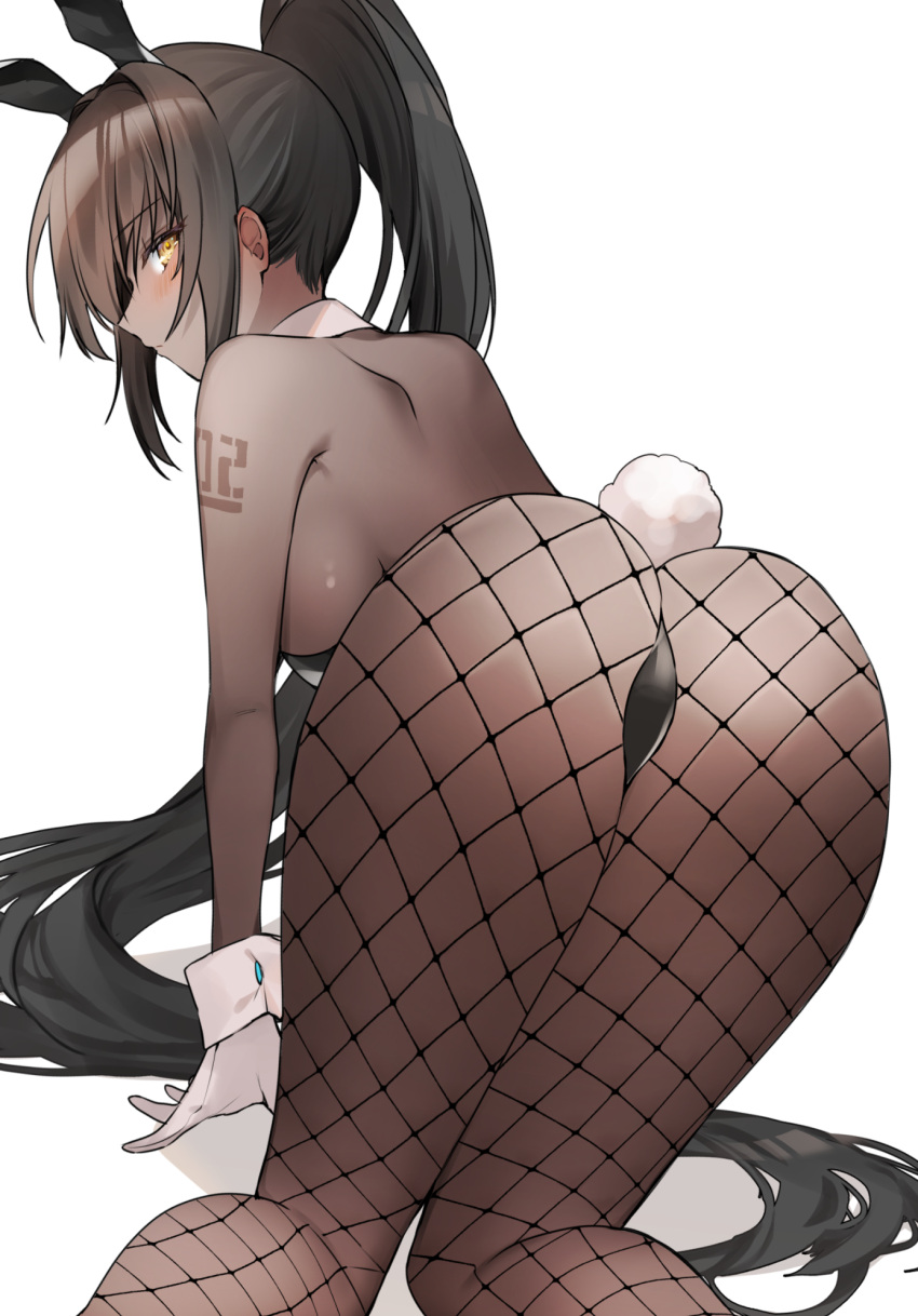 1girl animal_ears ass backboob bare_arms bare_back bare_shoulders black_hair black_leotard blue_archive breasts commentary dark-skinned_female dark_skin detached_collar fake_animal_ears fake_tail fishnet_legwear fishnets from_behind gloves high_ponytail highres karin_(blue_archive) karin_(bunny)_(blue_archive) kneeling leotard long_hair looking_at_viewer looking_back manya_drhr number_tattoo official_alternate_costume playboy_bunny rabbit_tail shadow sidelocks simple_background solo tail tattoo thighs very_long_hair white_background white_gloves wrist_cuffs yellow_eyes