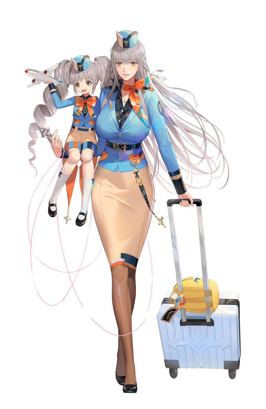2girls absurdres aircraft airplane black_footwear black_survival blue_jacket breasts brown_eyes chloe_lim ddollydonut doll_joints flight_attendant grey_hair hat highres jacket joints large_breasts long_hair marionette multiple_girls nina_(black_survival) official_alternate_costume pantyhose pencil_skirt puppet skirt suitcase thread toy travel_attendant twintails