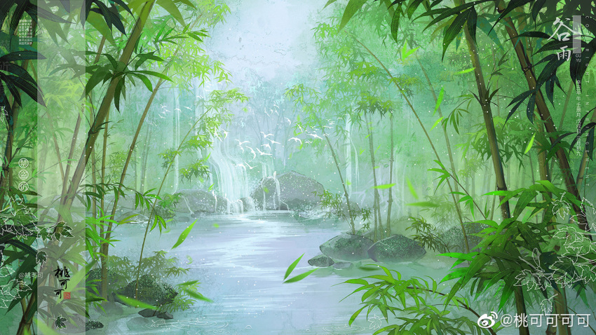 bamboo bird dust falling_leaves flying fog highres leaf moss nature original river rock tao_kekekeke vegetation water white_sky