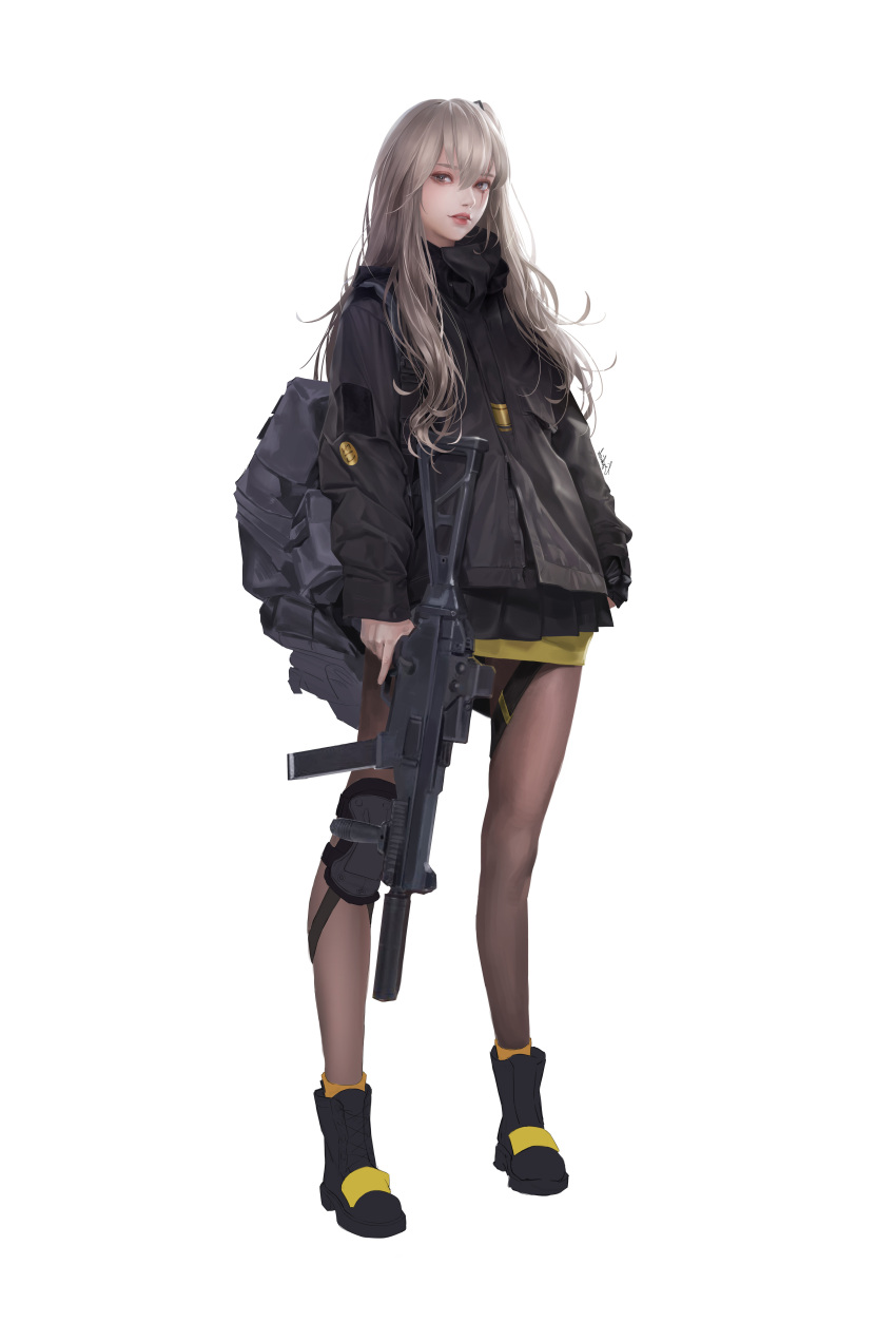 1girl absurdres bag baggy_clothes bangs black_footwear black_jacket black_legwear boots brown_eyes brown_hair brown_legwear commentary english_commentary full_body girls'_frontline grey_hair gun h&amp;k_ump h&amp;k_ump45 hair_between_eyes hair_ornament heckler_&amp;_koch highres holding holding_gun holding_weapon jacket lips lizchief long_hair looking_at_viewer nose official_alternate_costume one_side_up pantyhose pleated_skirt scar scar_across_eye scar_on_face simple_background skirt smile solo submachine_gun trigger_discipline ump45_(girls'_frontline) ump45_(winter_journey)_(girls'_frontline) weapon white_background