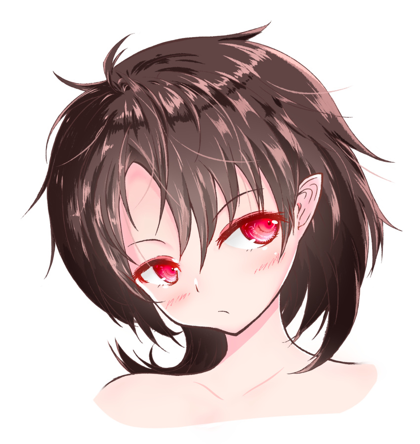 1girl blush brown_hair closed_mouth commentary_request face glowing glowing_eyes highres houjuu_nue looking_to_the_side ohako_miyu pointy_ears red_eyes short_hair solo touhou