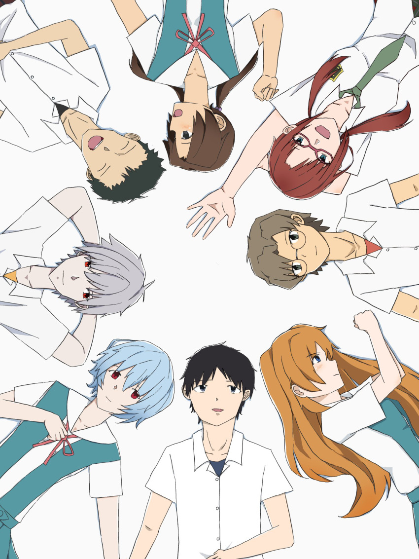 4boys 4girls aida_kensuke ayanami_rei bangs blue_eyes blue_hair blush breasts brown_hair dress evangelion:_3.0+1.0_thrice_upon_a_time glasses grin highres ikari_shinji laughing long_hair lying multiple_boys multiple_girls neon_genesis_evangelion rebuild_of_evangelion red_eyes school_uniform smile souryuu_asuka_langley suzuhara_touji twintails